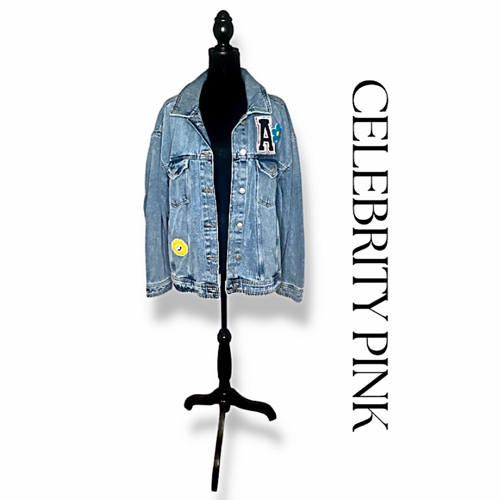 Celebrity Pink Varsity Patch Distressed Denim Jacket Med Wash Juniors Size L EUC